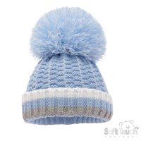 H648-B-BP: Blue Ribbed Hat w/Pom Pom (0-12m)